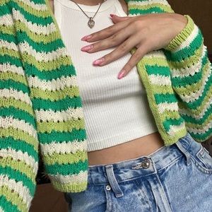 zara green striped crochet cardigan